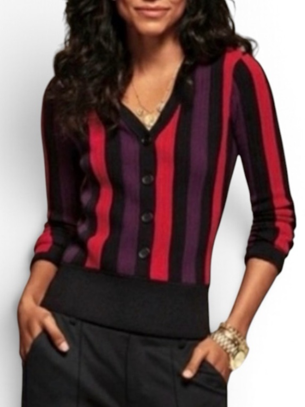 Cabi Royal Striped Button-Front V-Neck Sweater Cardigan Top Red Purple Black S